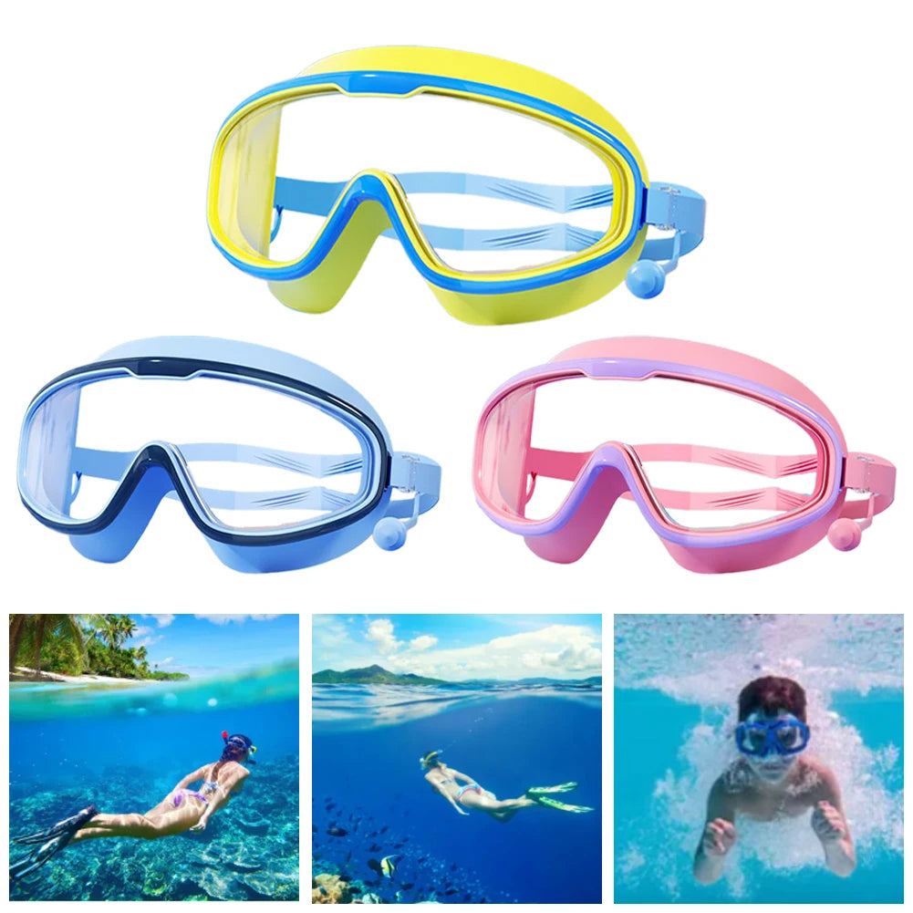 Kids Swim Goggles Anti Fog Swimming Goggles Waterproof UV Protection Swimming Goggles with Earplugs Large Frame for Boys Girls