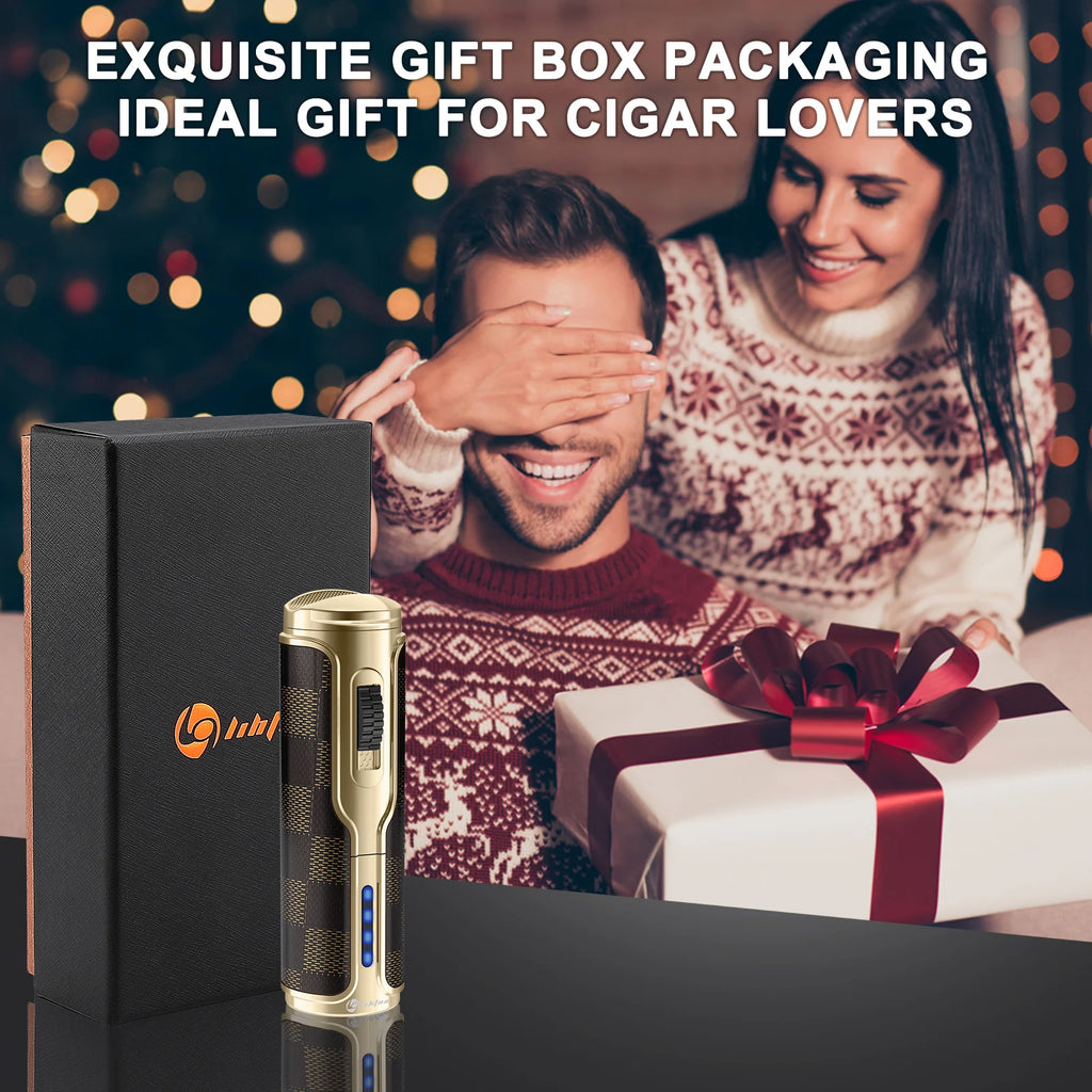 Cigar Lighter with Cigar Punch Holder,Windproof Electric Torch Lighter,Refillable Butane Lighters for Smoking with Gift Box