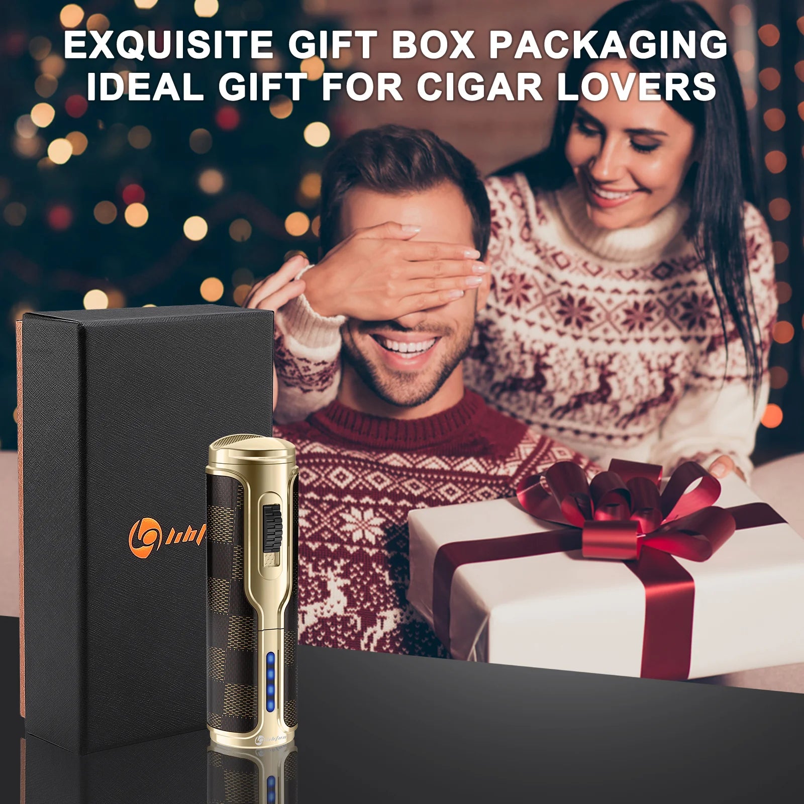 Cigar Lighter with Cigar Punch Holder,Windproof Electric Torch Lighter,Refillable Butane Lighters for Smoking with Gift Box
