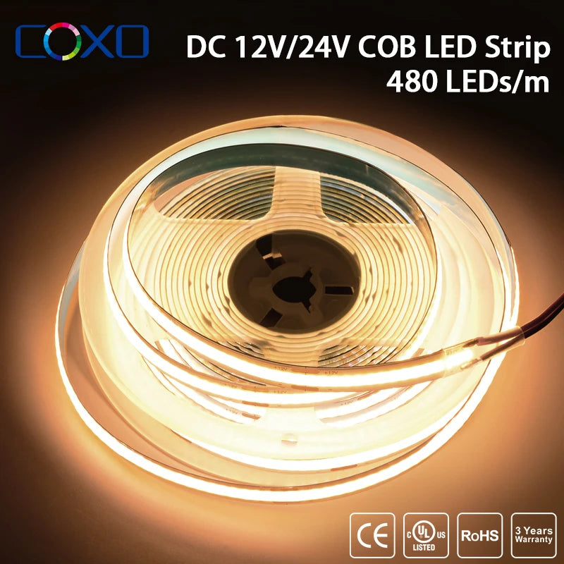Tira LED COB COXO UL Listed | 320/480 LEDs/m | 16.4ft | RA90 | 3000-6500K | DC12V/24V | Sin Zonas Oscuras - Firu Total Sales