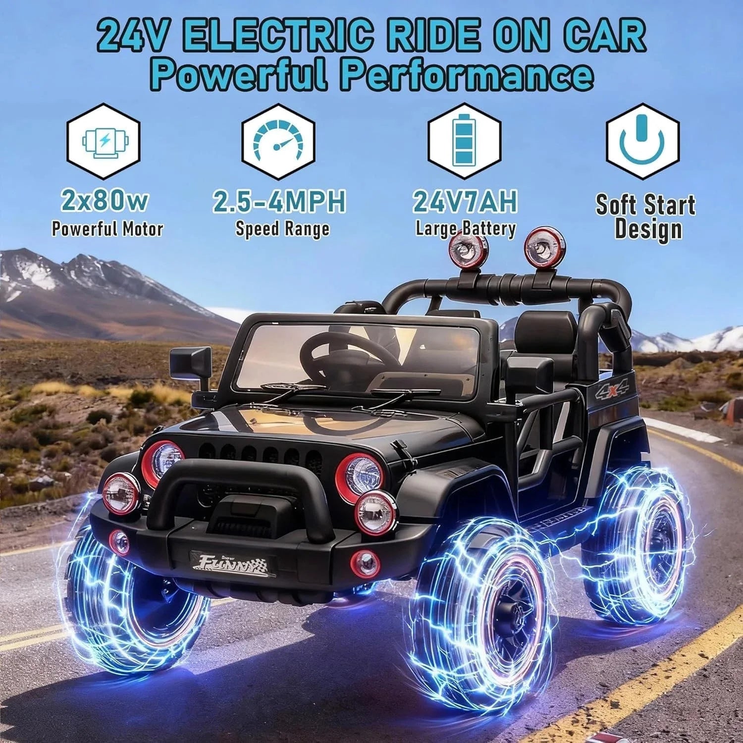 Carro Eléctrico 2 Asientos 24V para Niños | Control Padres | Bluetooth | 3-8 Años 🚗 - Firu Total Sales