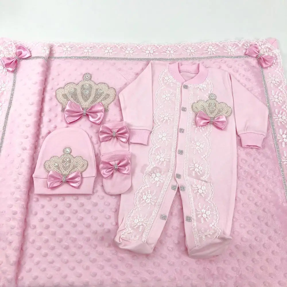 Customized Name Newborn Baby Boss Embroidery Lace Romper Outfit Infant Wrapped Baby Products Pants Mittens Receiving Blanket