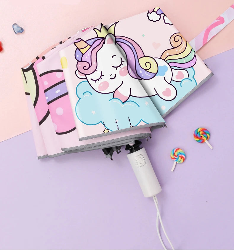 Automatic Umbrella Pink Unicorn Princess Crown Umbrella,Windproof Folding Umbrellas,Reflective Stripe Design Umbrella，No Rebound