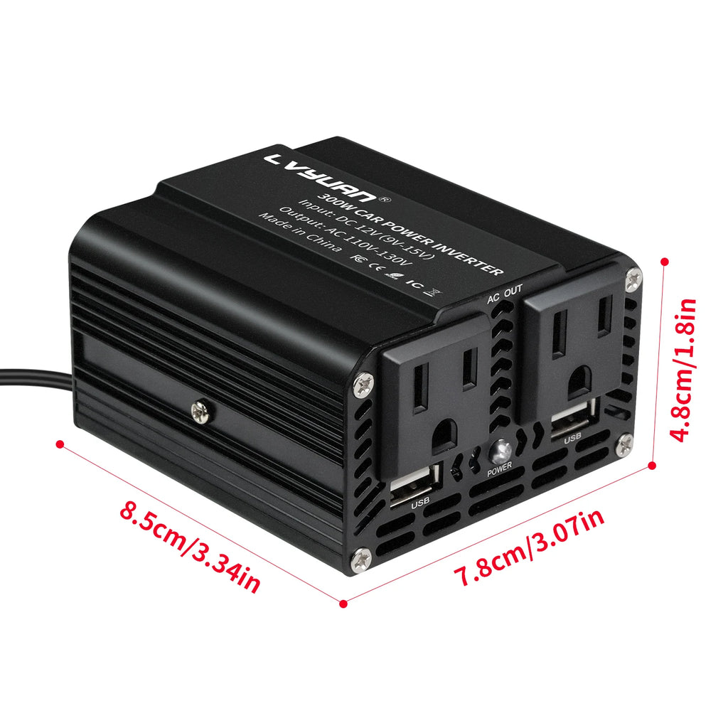 Inversor de Corriente Foval 300W | DC 12V a AC 110V/220V | Dual USB | Cargador Coche | Enchufe EU/US - Firu Total Sales