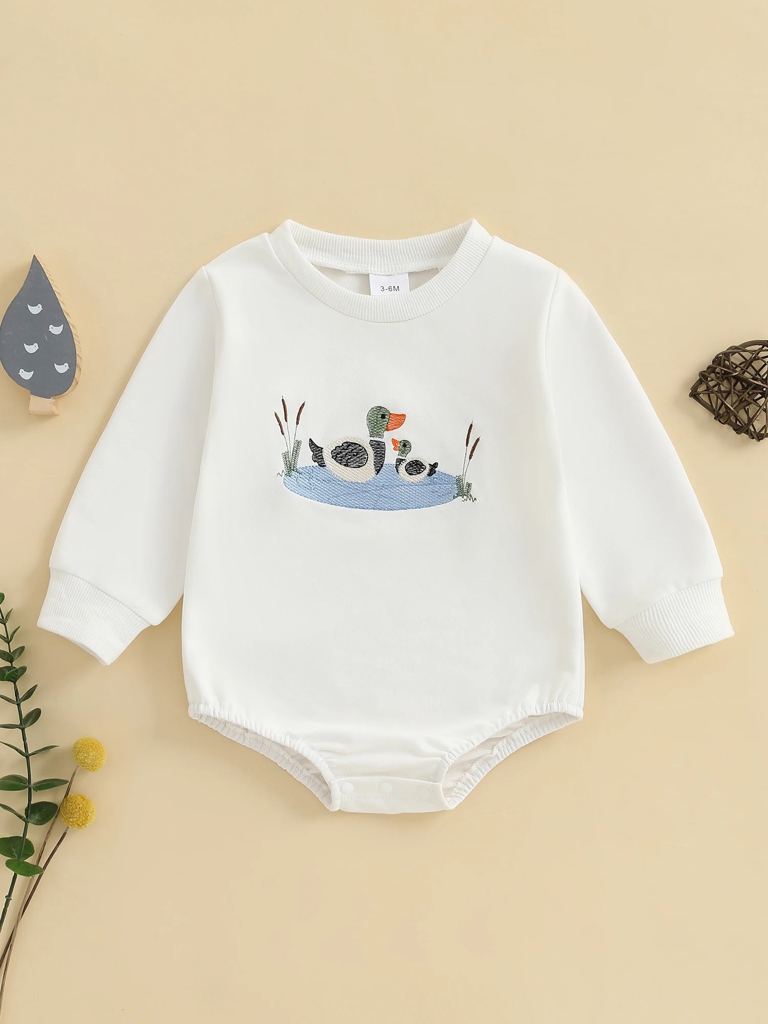 Infant Boys Fall Overalls with Long Sleeves and Crew Neck Featuring Adorable Duck Embroidery on Sweatshirt Style Romper - Firu Total Sales