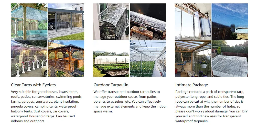 Clear Tarps Heavy Duty PVC, Transparent Tarp Durable Waterproof Dustproof Windproof Tarpaulin with Grommets & Ropes for Patio