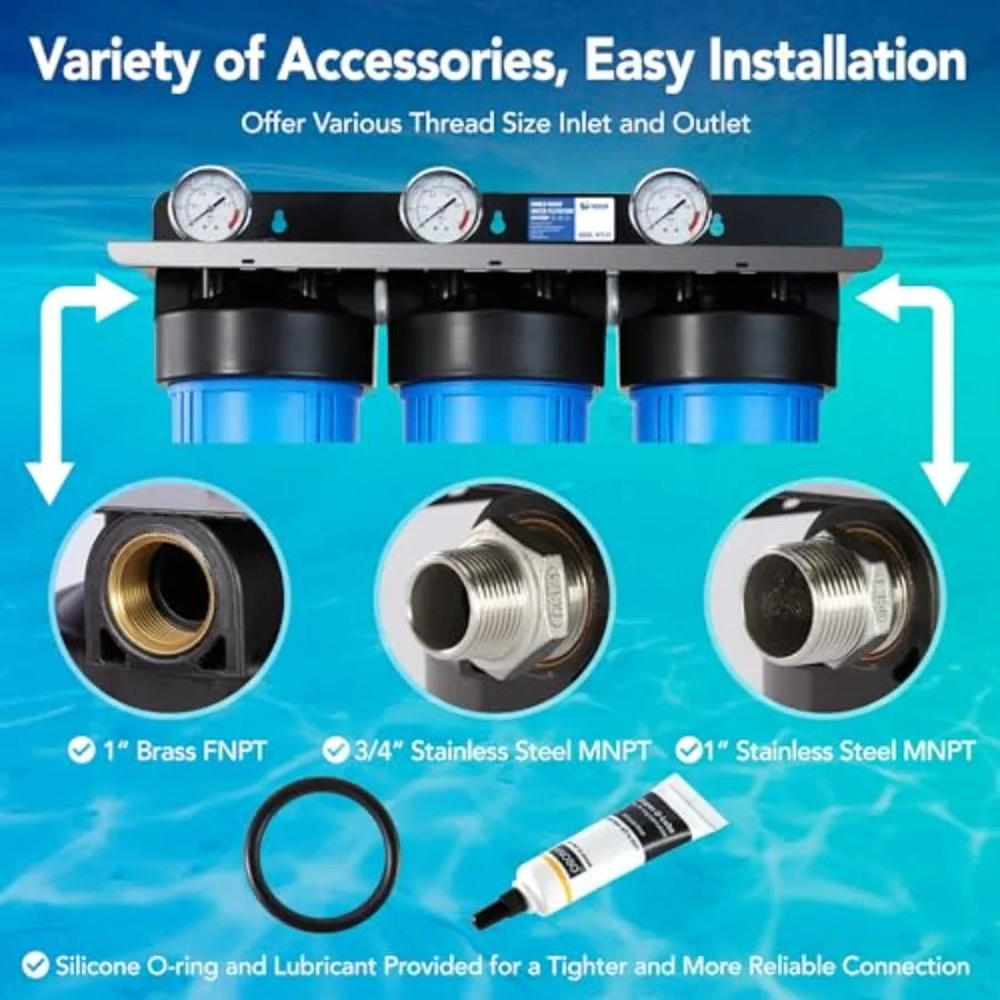 WF3-01 3-Stage Whole House Water Filtration System Reduces Heavy Metals Lead Mercury Copper Nickel Chromium Chloramine Sediment