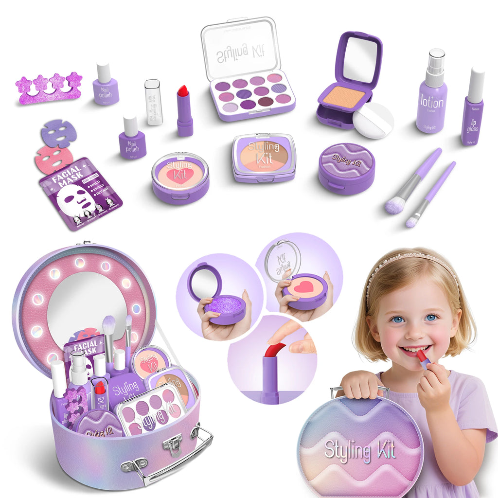 Purple Princess Pretend Makeup Toy Set - Girls' Role Play Gift with Cosmetic Case, Non-Applicable