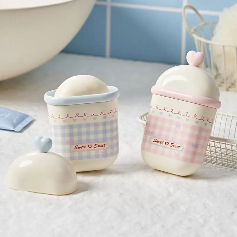 {MX} Sweet Cute Double Layer Soap Dish With Lid Portable Soap Draining Holder Cotton Swabs Storage Box Bathroom Organizer
