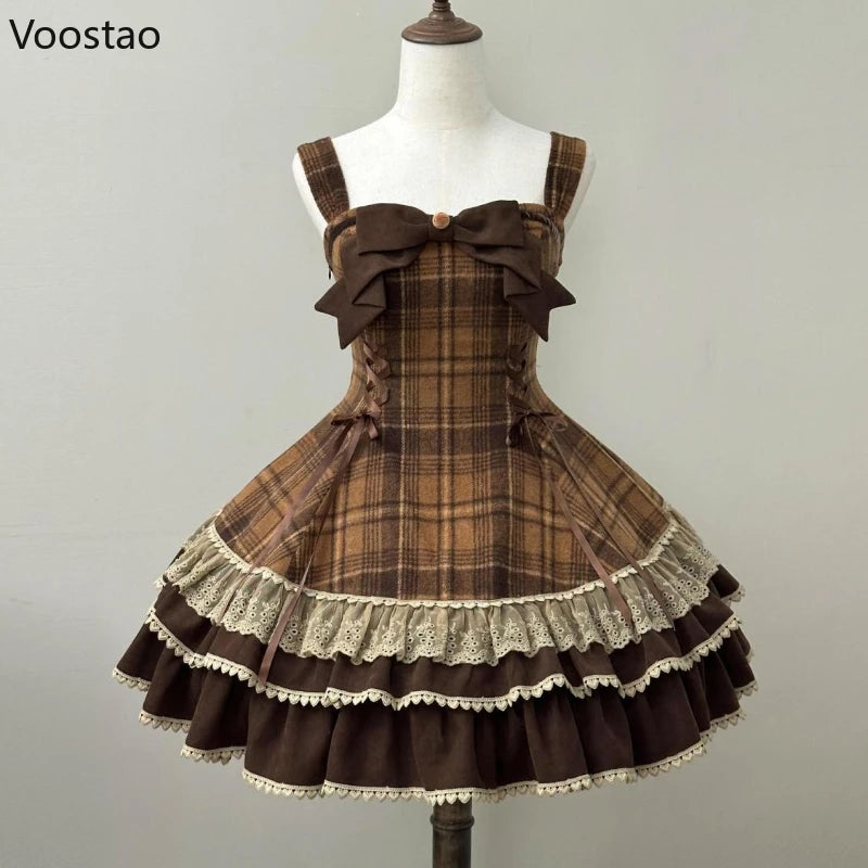 Japanese Cute Lolita Style 3 Piece Set Women Sweet Lace Bow Peter Pan Collar Cloak Top Plaid Mini Dress Korean Harajuku Y2k Suit