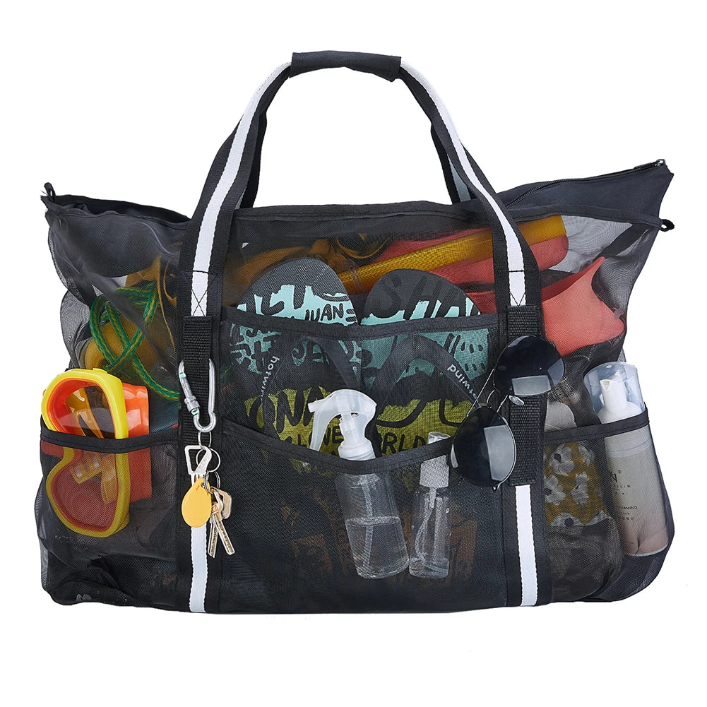 Mesh Swimming Bag Sandproof Bottom Foldable Summer Pool Bag 8 Pockets Beach Handbag Zipper Towel Storage for Travel Vacation