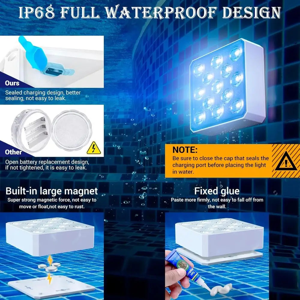 Rechargeable Pool Lights with Remote, 13 LEDs Waterproo Magnetic Underwater Light, 16 Color Changing Submersible Light or Above