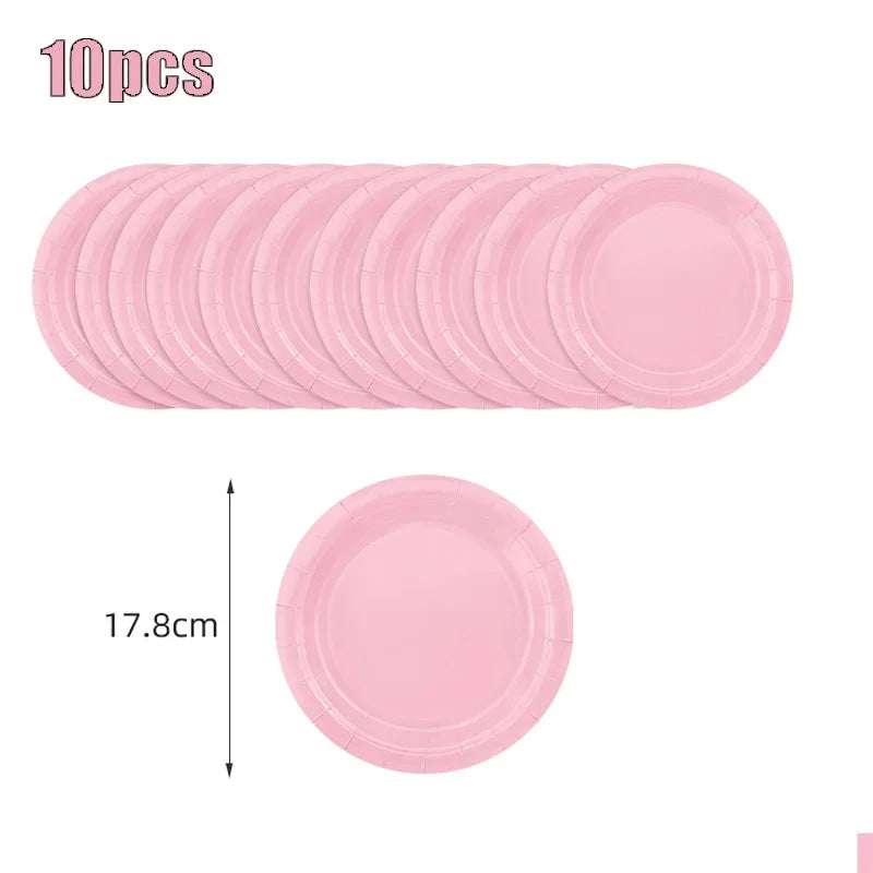 Solid Color Pink Disposable Kids Party Tableware Supplies Napkin Cup Plate Knife Fork Spoon Kids Birthday Party Supplies