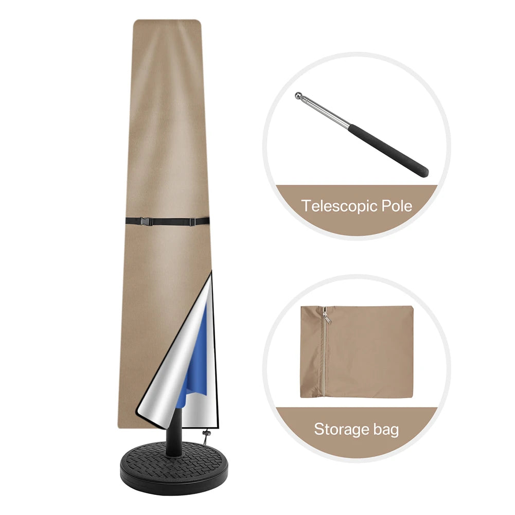 210D Straight Parasol Cover Waterproof Parasol Protective Cover with Zip Weatherproof UV-Anti Windproof Garden Umbrella Cover
