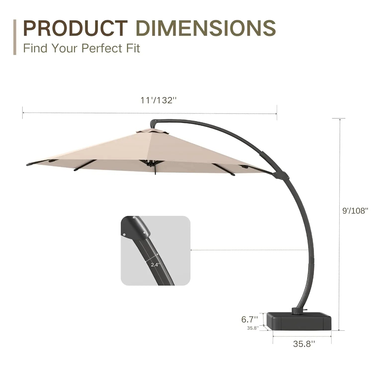 11ft round Aluminum Patio Umbrella with Base - Offset Cantilever Design 360° Rotating Customizable Large Outdoor Shade Umbrella