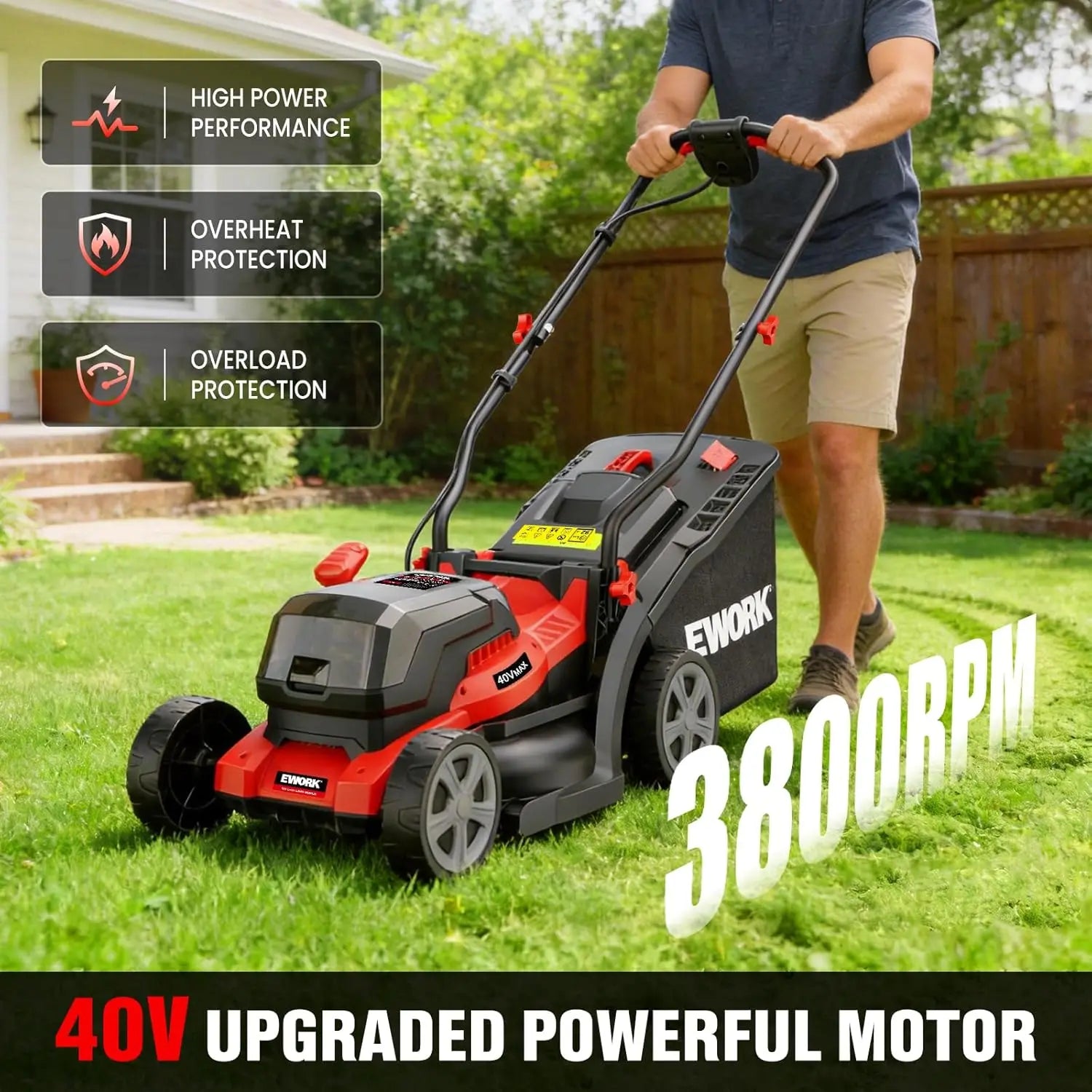 40V Cordless Lawn Mower with 2 Batteries, 14" Cutting Width, Lightweight 21lbs Design for Small Yards