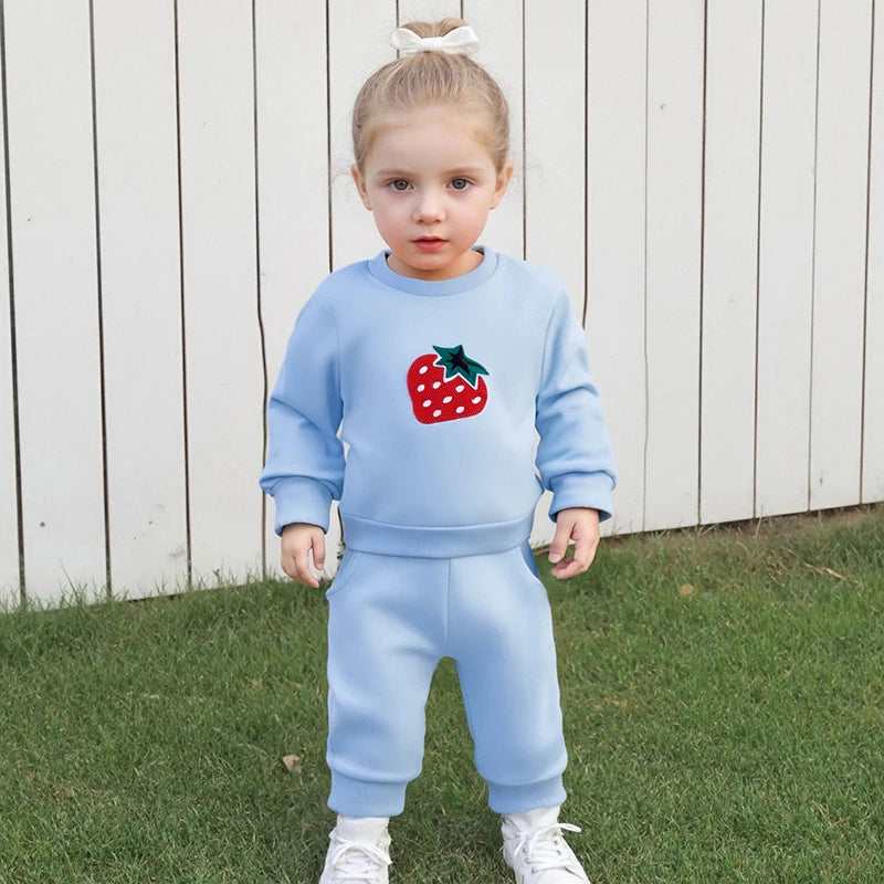Cute Toddler Girl Autumn Ensemble Adorable Strawberry Embroidered Crew Neck Sweatshirt with Matching Long Pants 2-Piece Set