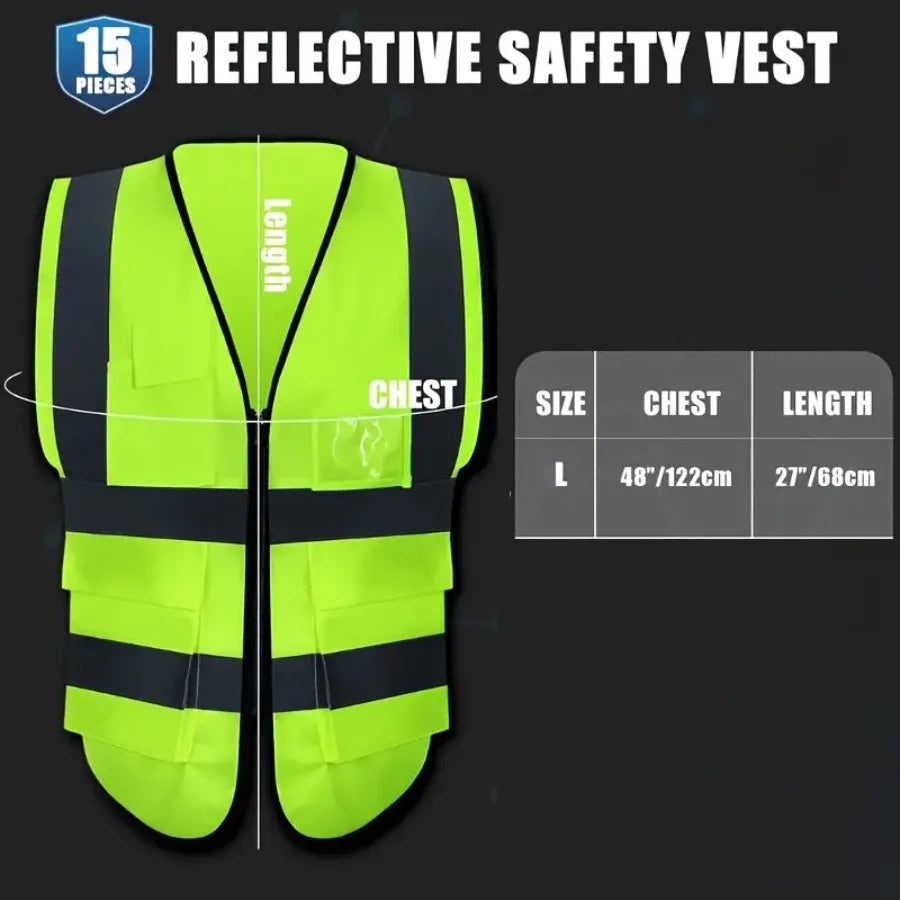 15 Pack Reflective Safety Vests Polyester Woven High Visibility Vest with Pockets and er Smooth Fabric 120g/m² Fluorescent Gree