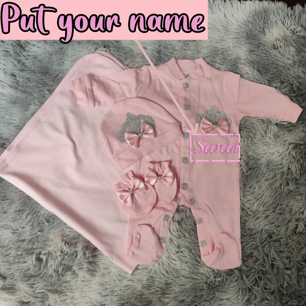 Customized Name Newborn Baby Boss Embroidery Lace Romper Outfit Infant Wrapped Baby Products Pants Mittens Receiving Blanket