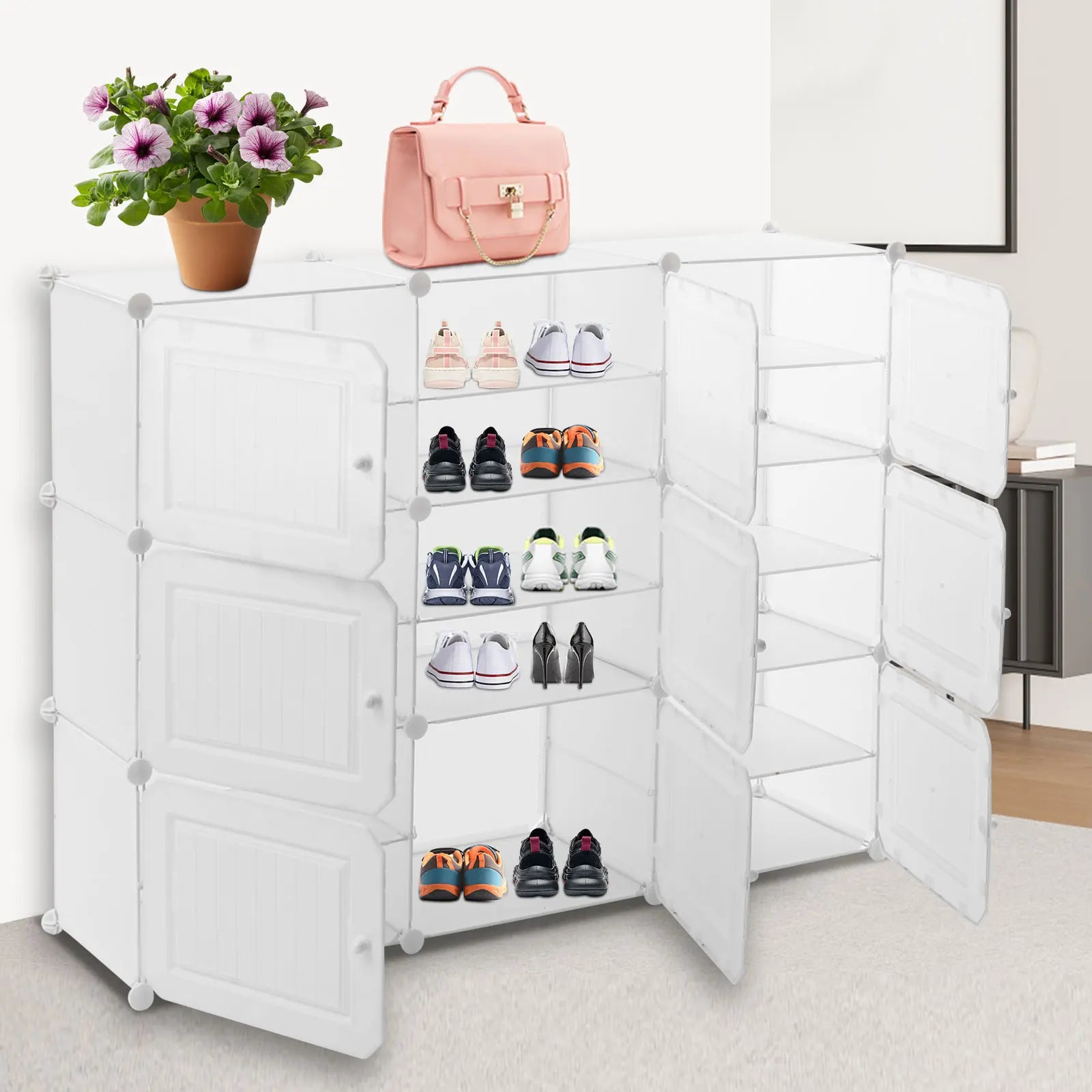 CNCEST Portable Shoe Rack 36 Pair Shoe DIY Storage Shelf Organizer Plastic Shoe Cabinet with Doors for Entryway