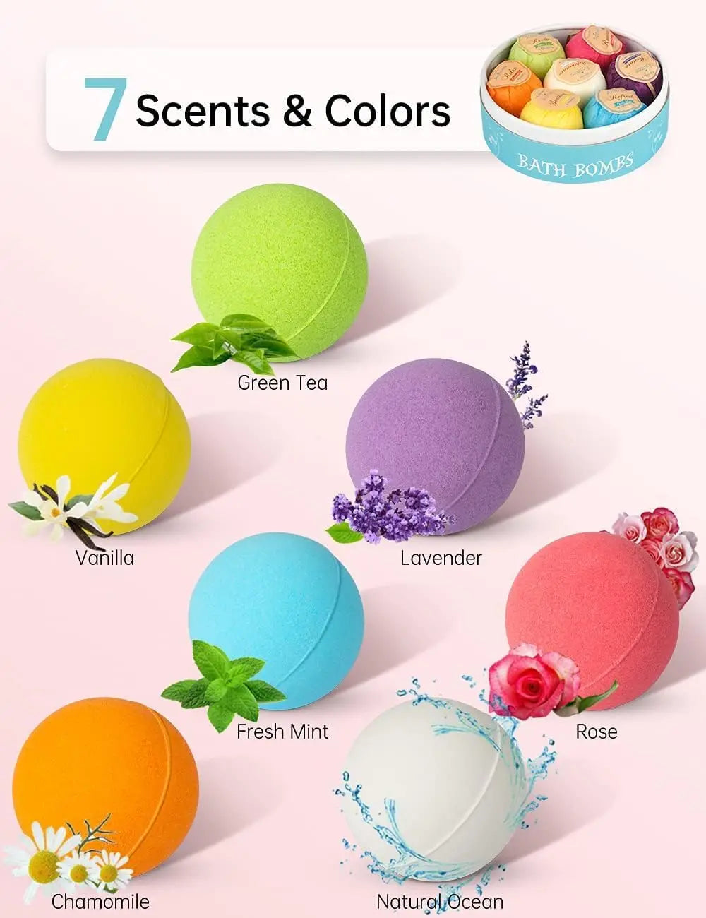 7pcs Natural Handmade Bath Bombs for Women & Kids, Spa Gift Set with Essential Oils for Birthday Christmas