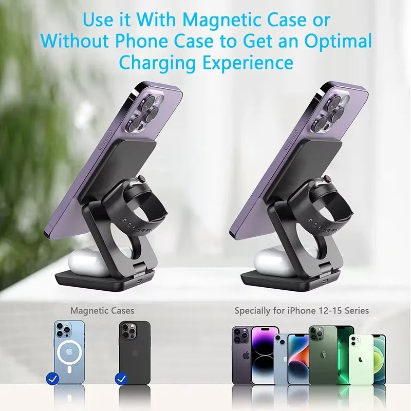3-in-1 Foldable Wireless Charging Station | iPhone + Apple Watch + AirPods | 15W Fast Charge