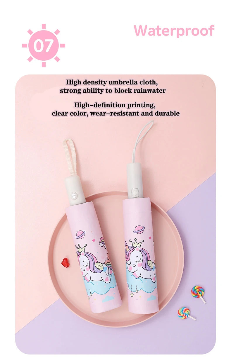 Automatic Umbrella Pink Unicorn Princess Crown Umbrella,Windproof Folding Umbrellas,Reflective Stripe Design Umbrella，No Rebound