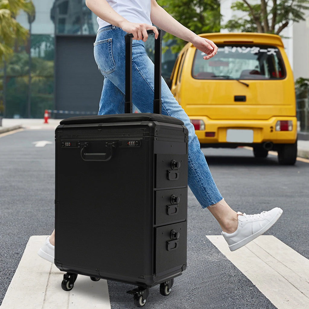 Tattoo Suitcase Mobile Tattoo Trolley Case Rolling Makeup Train Case W/ 3 Drawers for Nail Art Embroidery Hairdressing