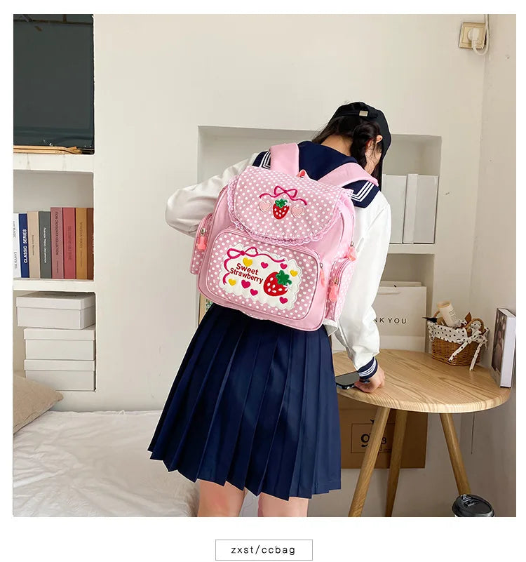 Pink Girl Embroidery Strawberry Children's Schoolbag Student Birthday Gift 2026 New Japanese Cartoon Pink Backpack Book Bags