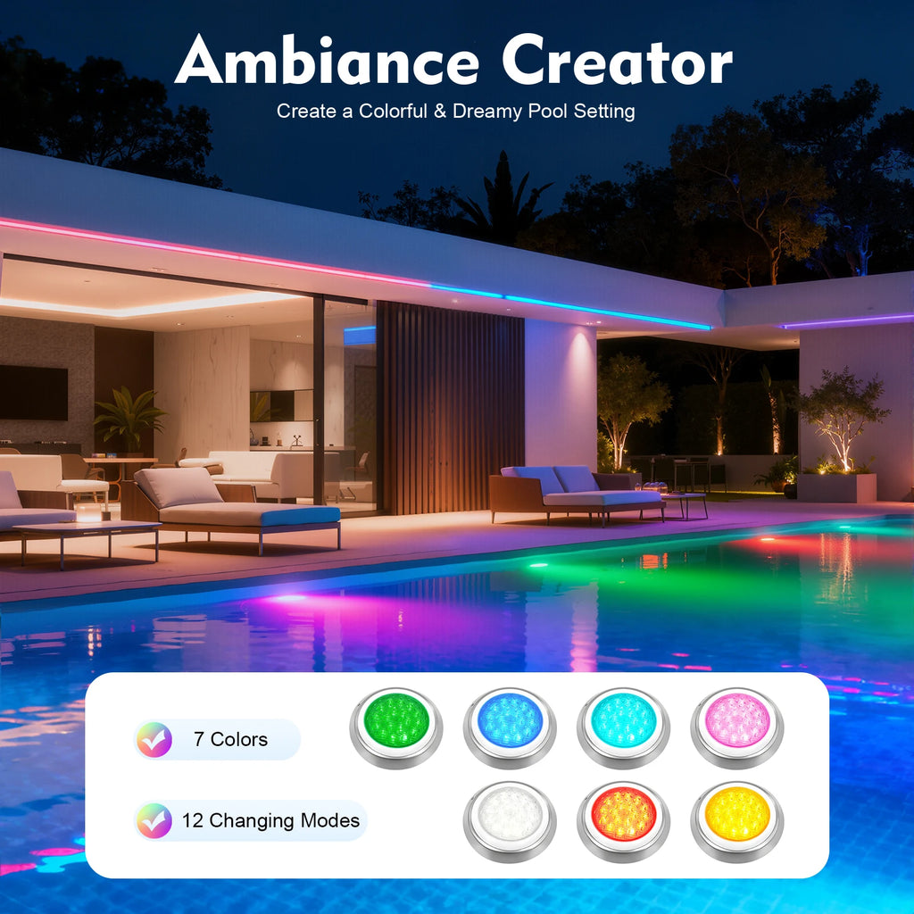 Remote Control 320ft² Underwater Swimming Pool Spa Light LED RGB 7 Colors & 12 Modes, 54W, 12V, 6ft Wire, IP68 Sealing Ring