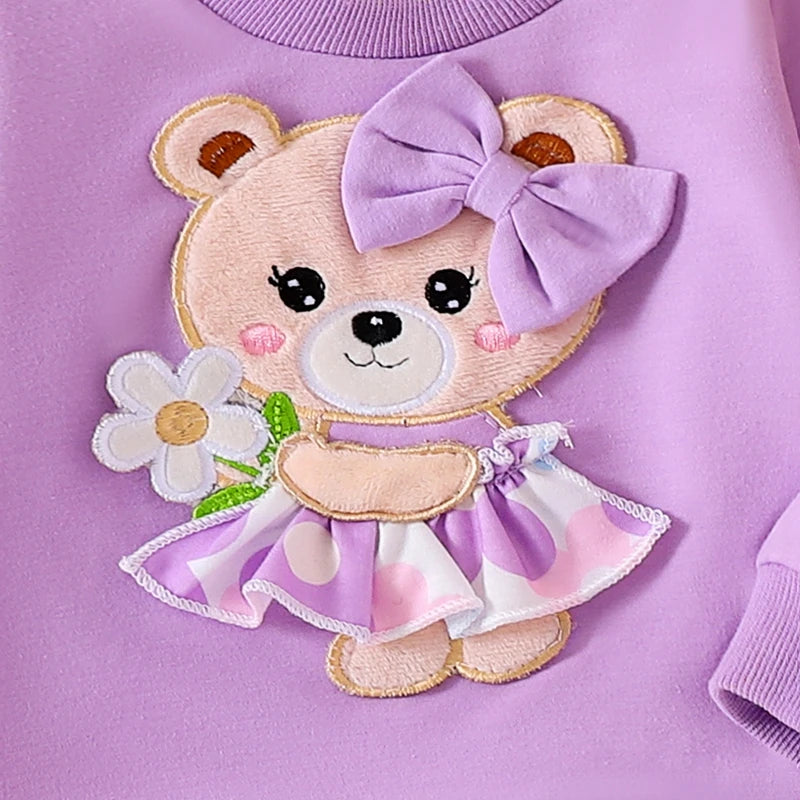 Cute Toddler Girl Autumn Ensemble Bear Embroidered Sweatshirt Floral Flare Pants Headband - 3 Piece Set for Fall - Firu Total Sales