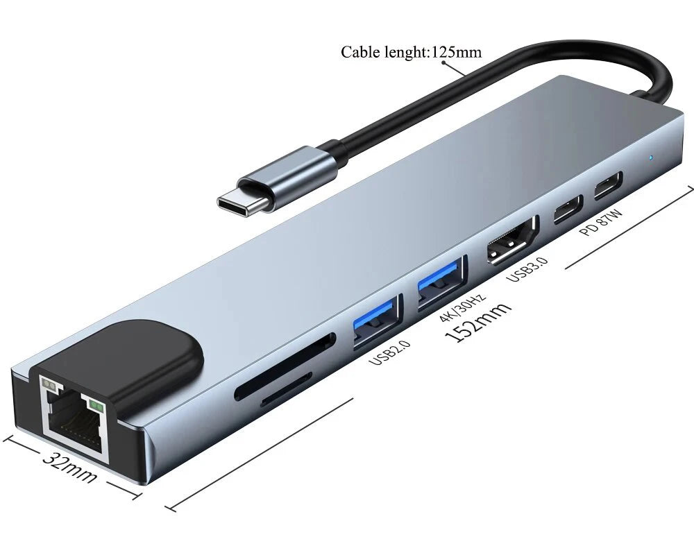 Hub USB-C 8 en 1 FEIWIMI | HDMI 4K 30Hz | RJ45 100Mbps | VGA | PD 100W | Docking Station - Firu Total Sales