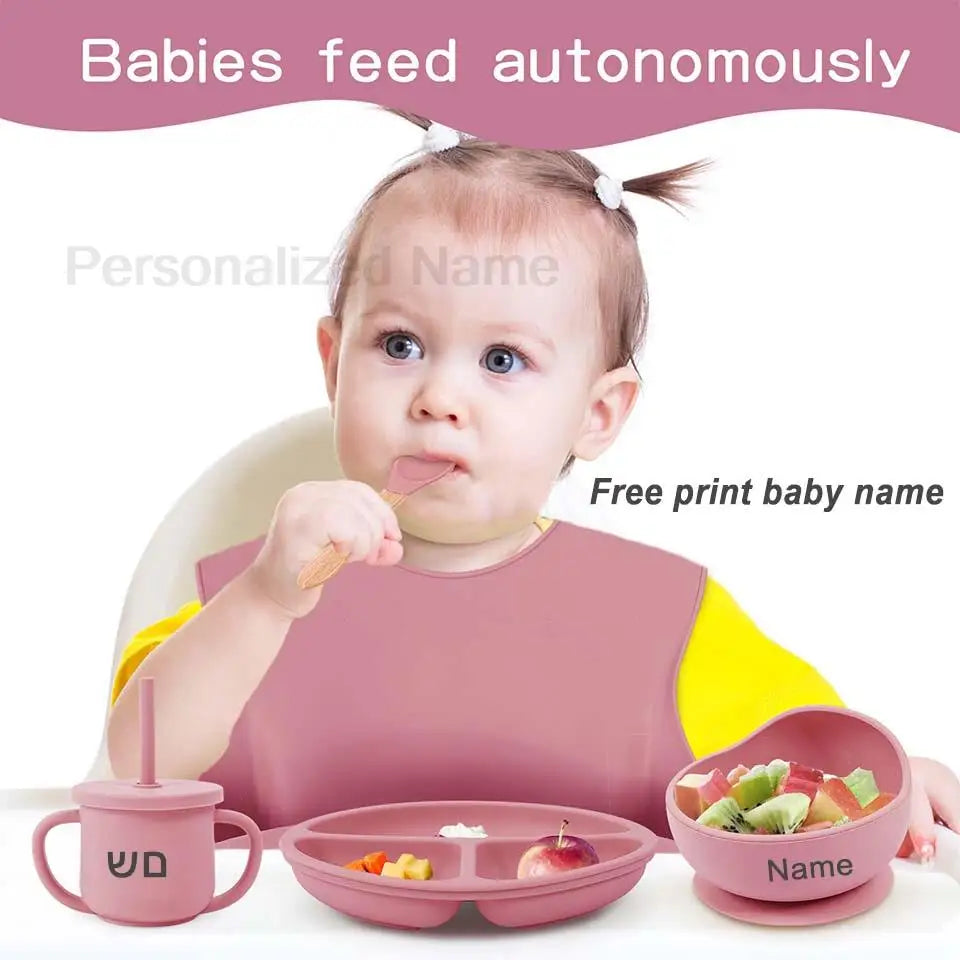 Set 6pcs Vajilla de Silicona para Bebé | Bol, Plato, Cuchara, Tenedor, Babero y Vaso 🍼
