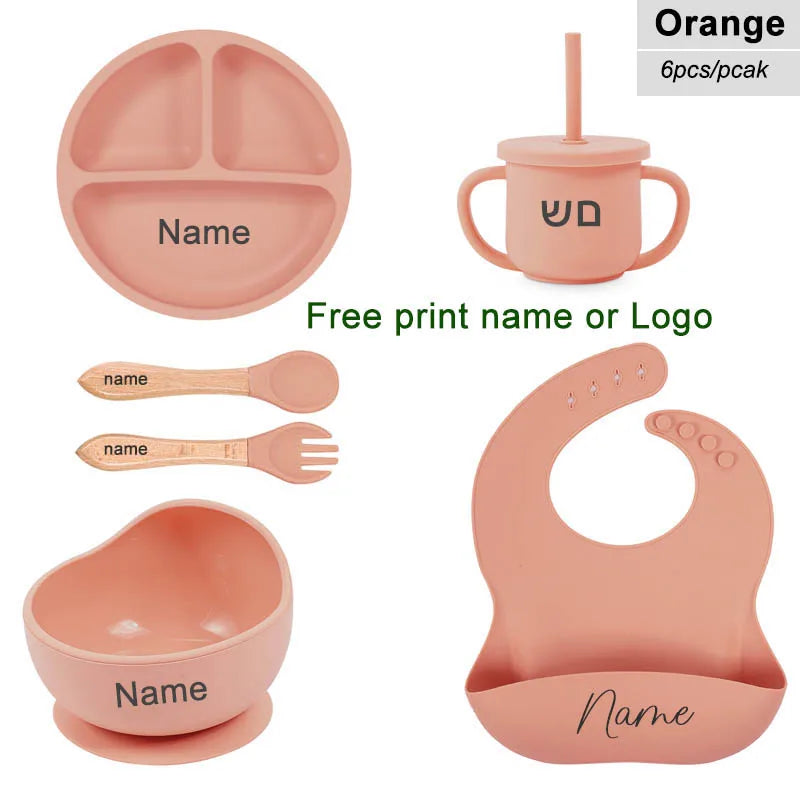 Set 6pcs Vajilla de Silicona para Bebé | Bol, Plato, Cuchara, Tenedor, Babero y Vaso 🍼