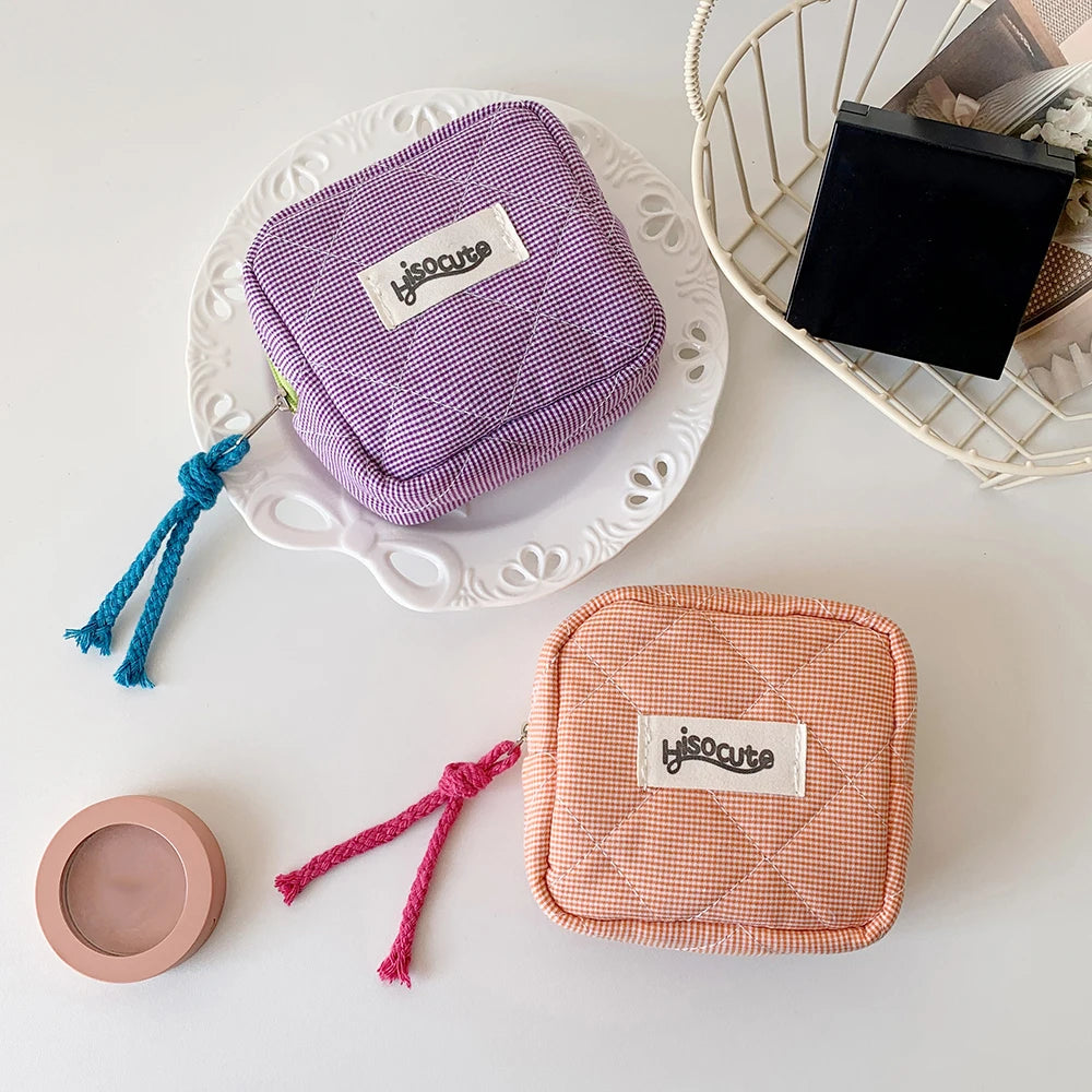 Ins Style Plaid Mini Coin Purse Portable Cosmetic Storage Bag Lady's Lipstick Bag and Card Holder Kawaii Tofu Pillow Bag