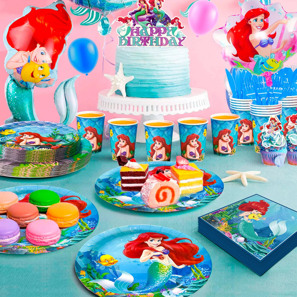 Little Mermaid Birthday Supplies,185pcs Little Mermaid Birthday Party Decorations&Tableware-Little Mermaid Stickers Banner Plate