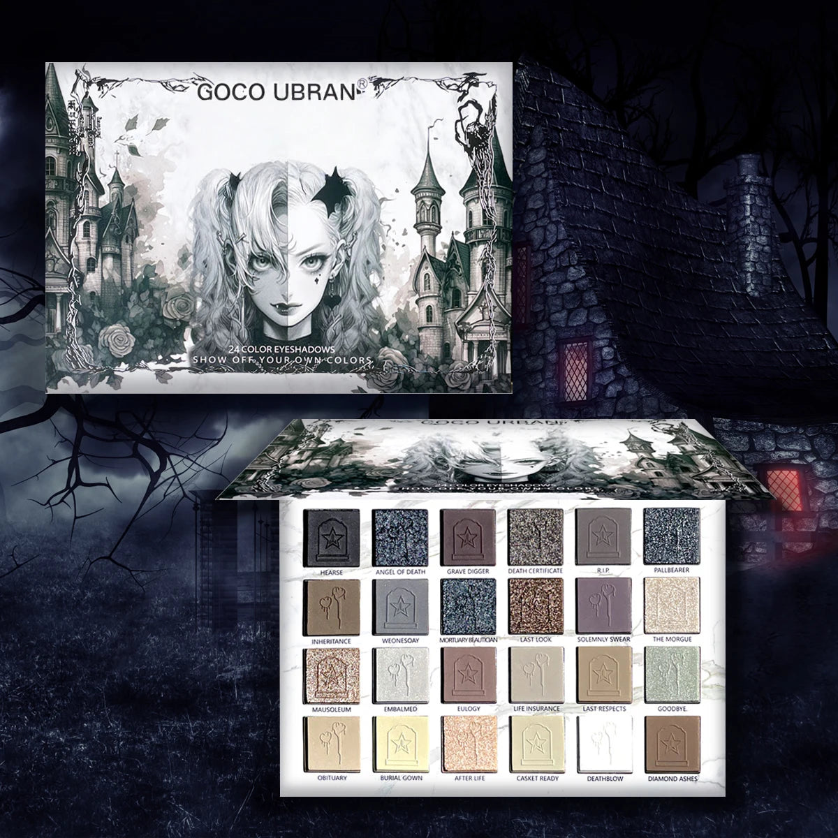 24-Color Dark Elf Eyeshadow Palette, Gothic Vampire Style Makeup Set, High-Pigment Shimmer/Glitter Eye Makeup, Christmas Gift