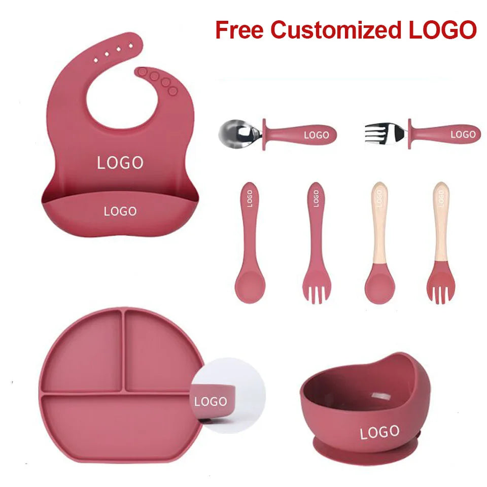 Set 6pcs Vajilla de Silicona para Bebé | Bol, Plato, Cuchara, Tenedor, Babero y Vaso 🍼