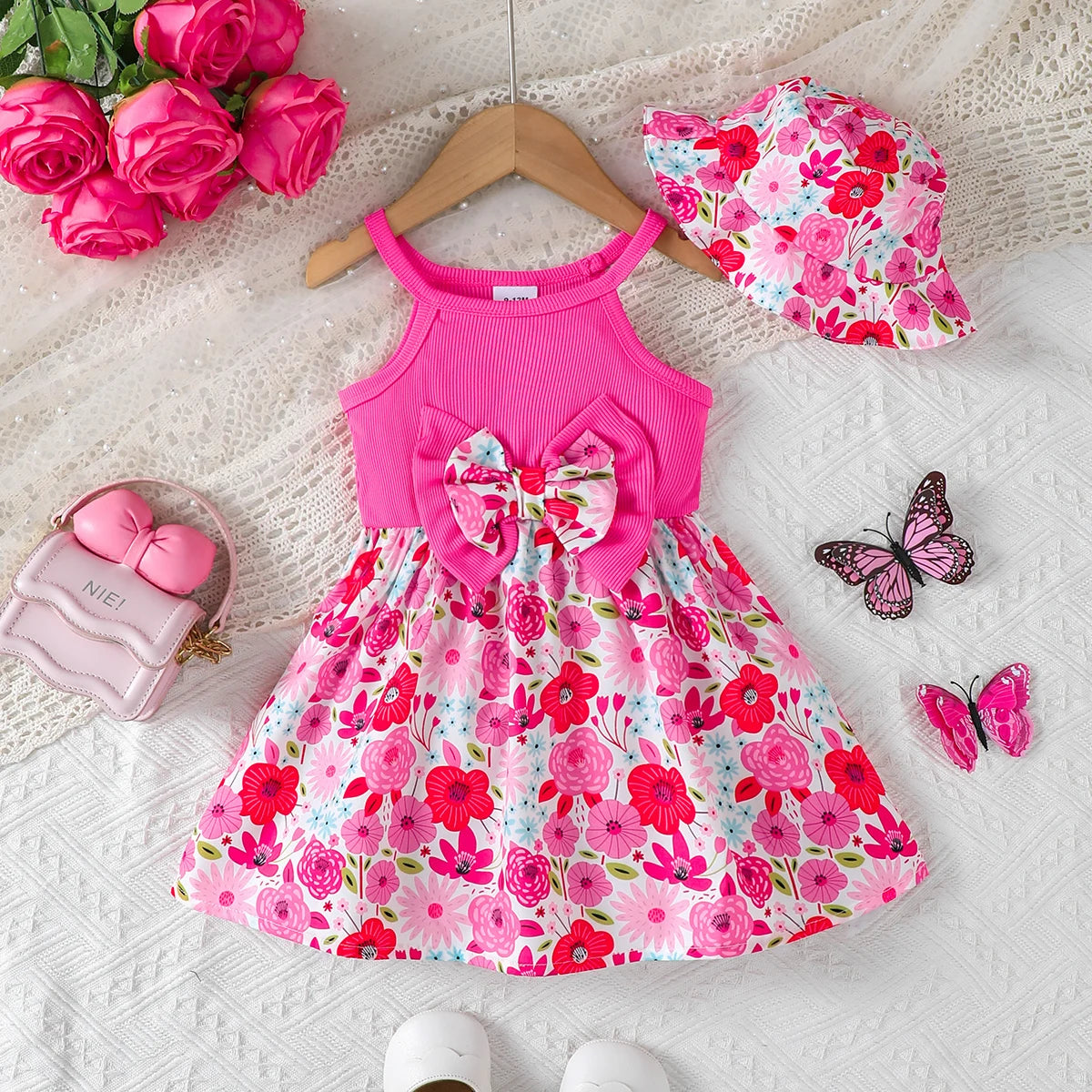 2Pcs Summer Baby Girl Dress Sleeveless Bow Flower Dress+Hat 0-3 Year Old Toddler Baby Girl Beach Vacation Casual Dress