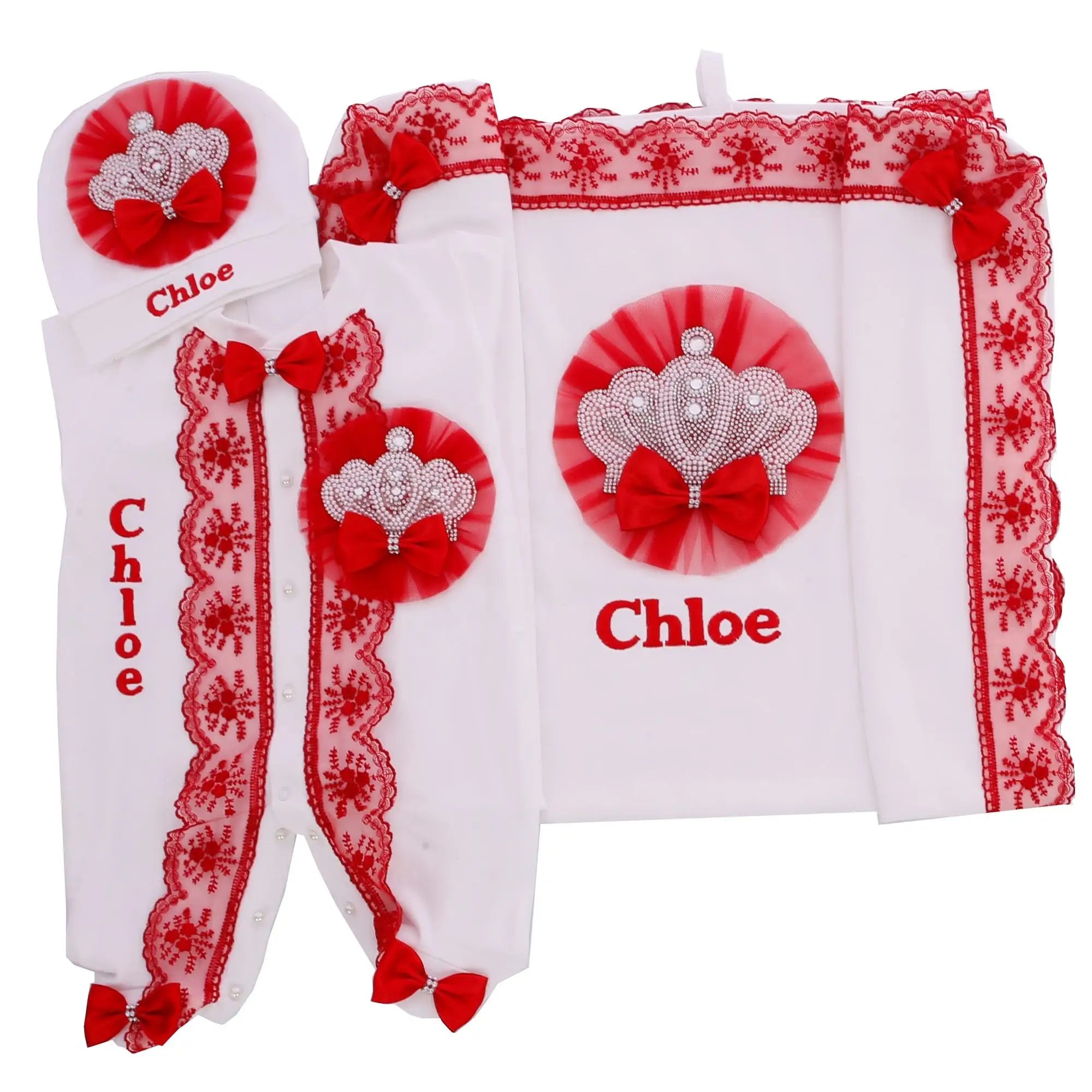 Customized Name Newborn Baby Boss Embroidery Lace Romper Outfit Infant Wrapped Baby Products Pants Mittens Receiving Blanket