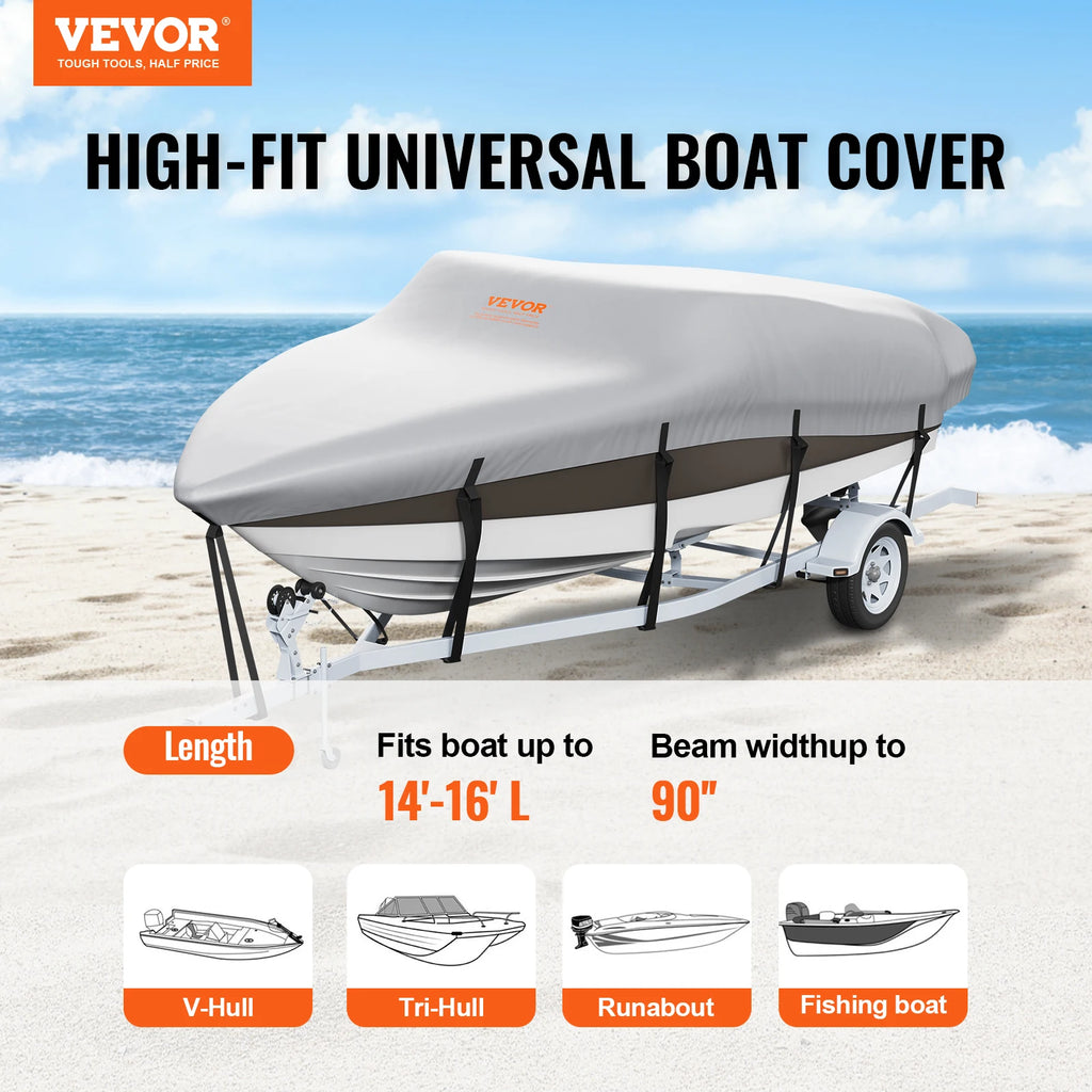 SucceBuy Boat Cover Trailerable Waterproof with Motor Cover Buckle Straps for V-Hull Tri-Hull Fish Ski Boat Runabout Bass Boat