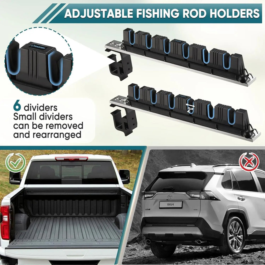 Truck Bed Fishing Rod Holder, Adjustable for 6 Rods, Fits Most with 2 Mounting Options