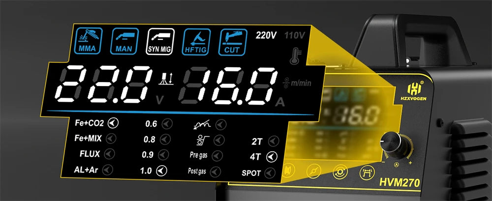 HZXVOGEN HVM270 6 in 1 Aluminum Welding Machine Cut/Gas MIG/Gasless MIG/HF TIG/MMA Digital Screen 2/4T Inverter Welder Stainless