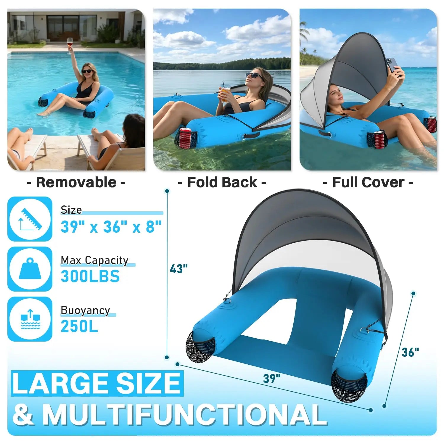Adult Inflatable Pool Floats Chair with UPF50+ & Vented Canopy, 2 Drink Holders, Deepened Seat, Adjustable Sun, Customized