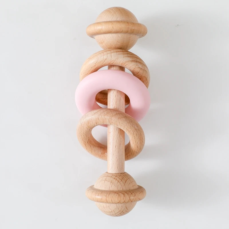 Wooden Rattle Silicone Ring — Sensory Baby Toy | 0-12 Months Gift