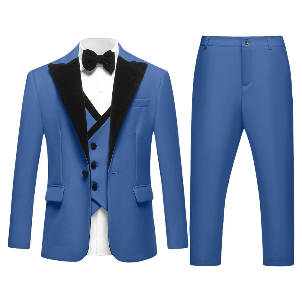 2025 Hotest Boys Formal Suit Set with Velvet Collar - One Button Blazer Vest Pants Bowtie - 3-14 Years Kids Graduation Tuxedo