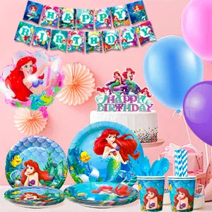 Little Mermaid Birthday Supplies,185pcs Little Mermaid Birthday Party Decorations&Tableware-Little Mermaid Stickers Banner Plate