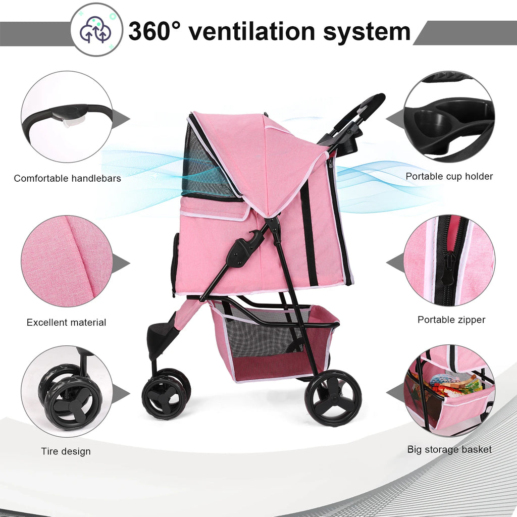 carreola para mascotas perro 3 Wheel Foldable Cat Dog Stroller with Storage Basket, Handle 360° Pet Dog Stroller - Firu Total Sales
