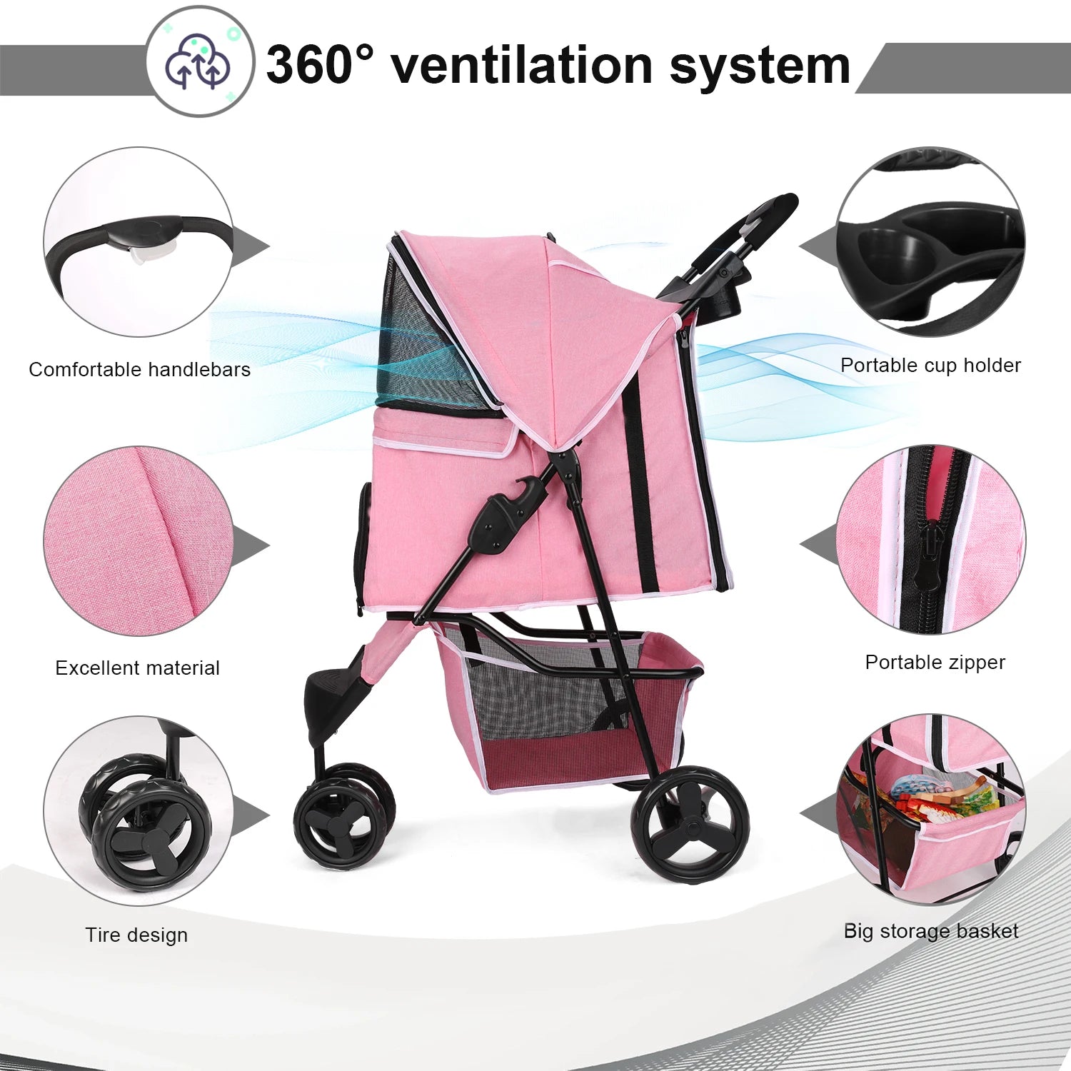carreola para mascotas perro 3 Wheel Foldable Cat Dog Stroller with Storage Basket, Handle 360° Pet Dog Stroller