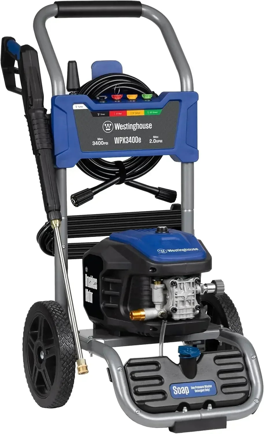 XMSJ*[XMSJ]WPX3400e Electric Pressure Washer, 3400 Max PSI and 2.0 Max GPM, Brushless Motor, Onboard Soap Tank, Spray Gun and Wa